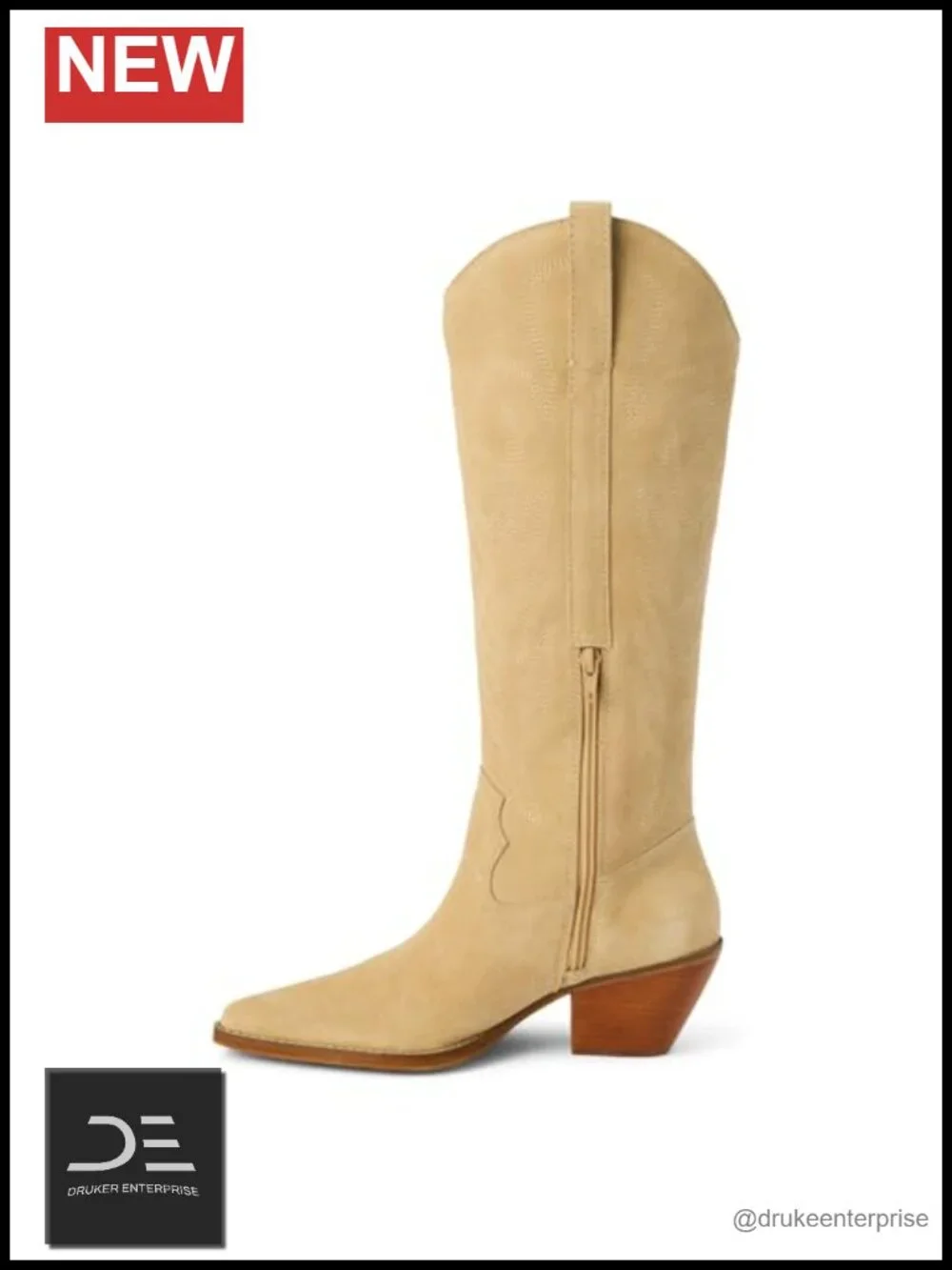 Suede Knee High Western Boots for Women Pointed Toe Block Heel Side Zip
